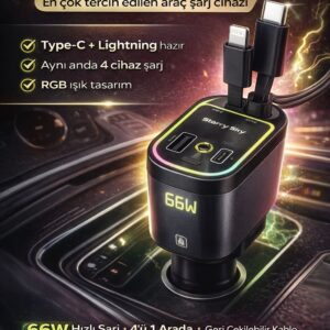 Araç Şarj Cihazı 66W Hızlı Şarj Type-C Lightning 4’lü Çoklu Giriş RGB Araç Adaptörü