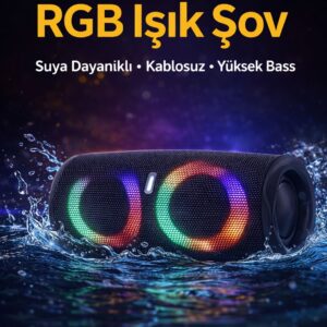 Bluetooth Hoparlör RGB Işıklı Su Geçirmez Kablosuz Yüksek Bass Taşınabilir Speaker
