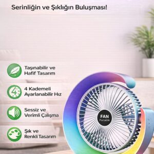 Renkli Masaüstü Vantilatör USB Şarjlı Mini Fan 4 Kademeli Sessiz Taşınabilir Fan