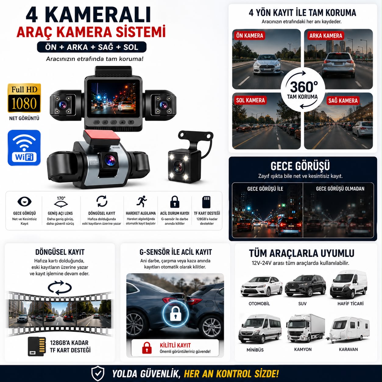 4 Kameralı Araç İçi Kamera 1080P WiFi Gece Görüş Ön Arka Sağ Sol 360° Dashcam - Görsel 5