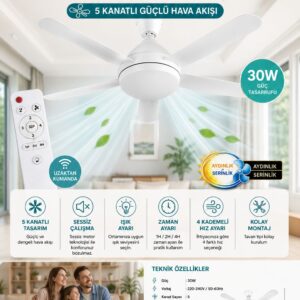Ventus Tavan Tipi Fan Uzaktan Kumandalı Sessiz LED Işıklı 5 Kanatlı Tavan Vantilatörü