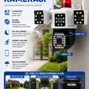 WiFi Güvenlik Kamerası 3 Lensli PTZ IP Kamera Gece Görüşlü Dış Mekan Kamera