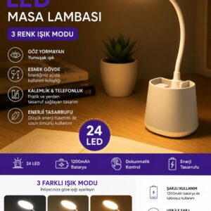 Şarjlı LED Masa Lambası Dokunmatik 3 Renk Modlu Kalemlikli Gece Lambası