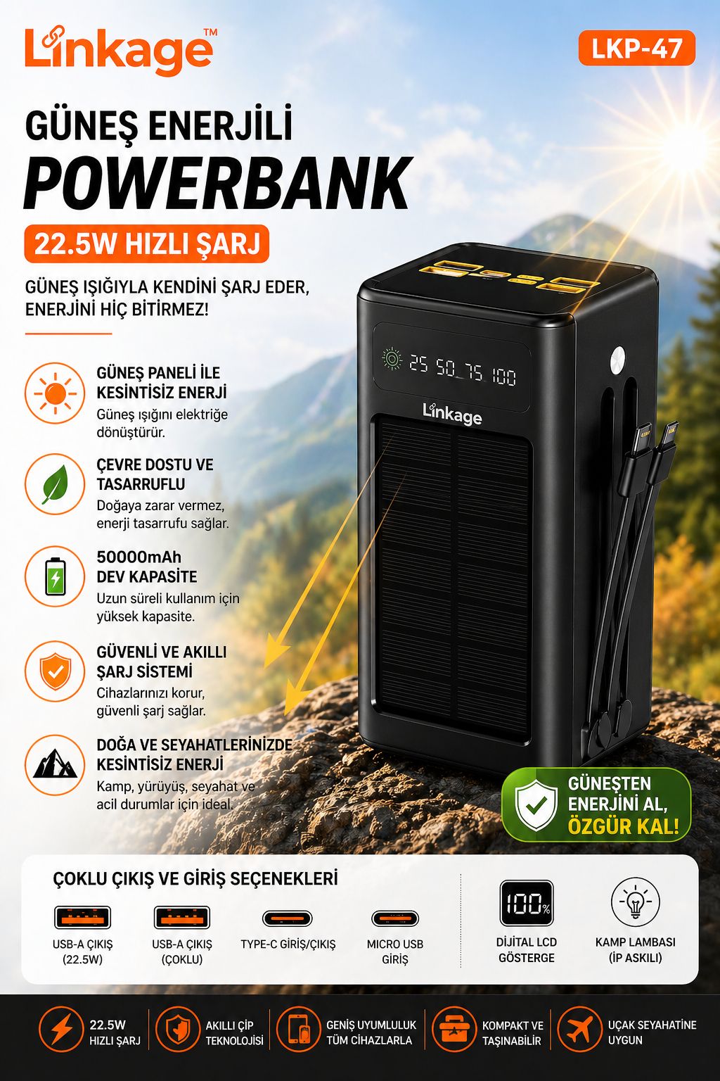 50.000mAh Güneş Enerjili Powerbank 22.5W Hızlı Şarj Dijital Göstergeli - Görsel 2