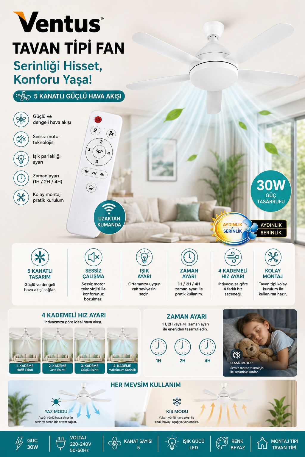 Ventus Tavan Tipi Fan Uzaktan Kumandalı Sessiz LED Işıklı 5 Kanatlı Tavan Vantilatörü - Görsel 2