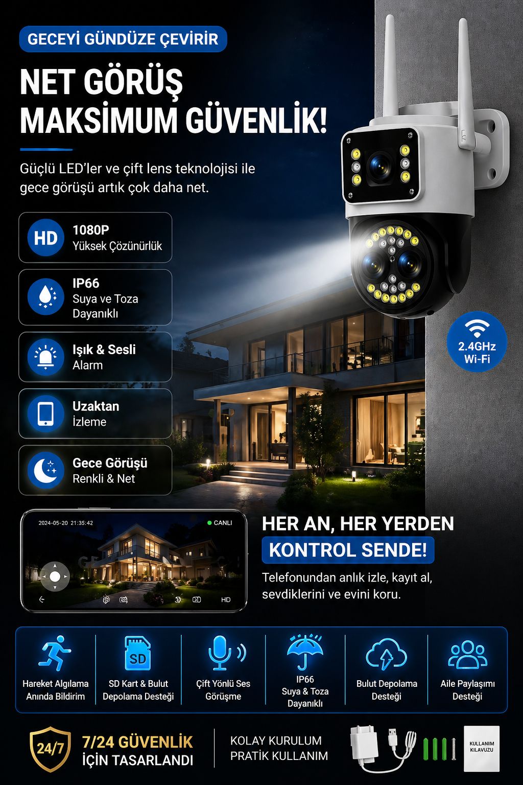 1080P WiFi Güvenlik Kamerası IP66 Gece Görüşlü Hareket Sensörlü Kamera - Görsel 2