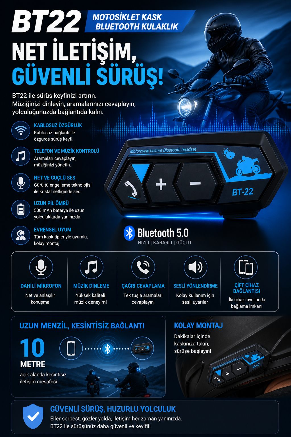 Motosiklet Kask Bluetooth Kulaklık Intercom Bluetooth 5.0 Kulaklık - Görsel 2