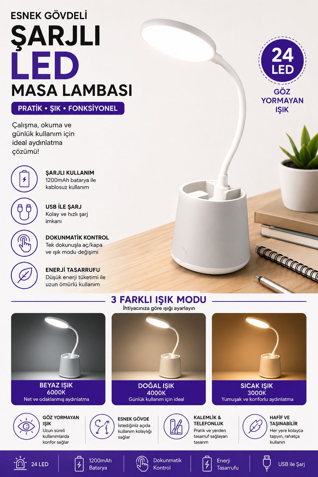 Şarjlı LED Masa Lambası Dokunmatik 3 Renk Modlu Kalemlikli Gece Lambası - Görsel 2