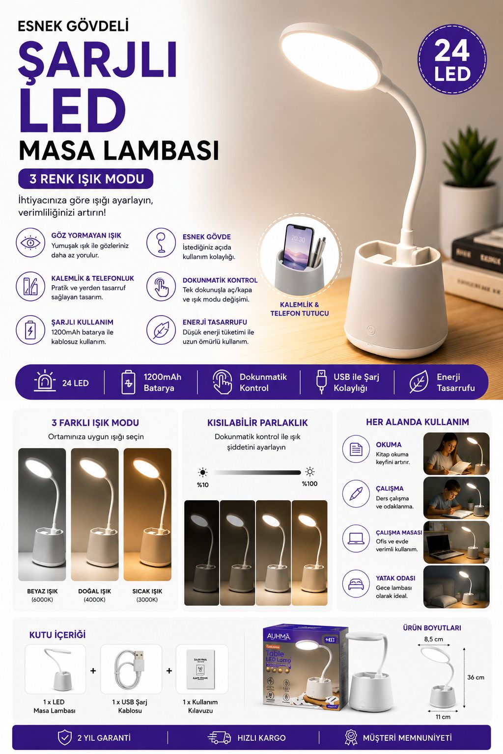 Şarjlı LED Masa Lambası Dokunmatik 3 Renk Modlu Kalemlikli Gece Lambası - Görsel 3