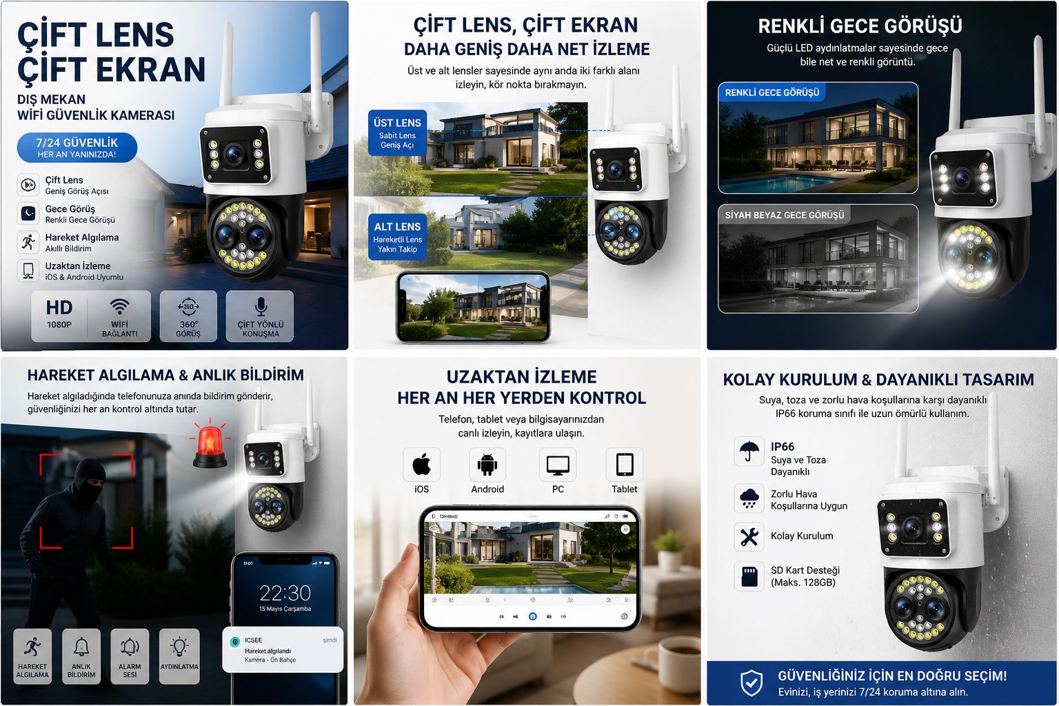 1080P WiFi Güvenlik Kamerası IP66 Gece Görüşlü Hareket Sensörlü Kamera - Görsel 4