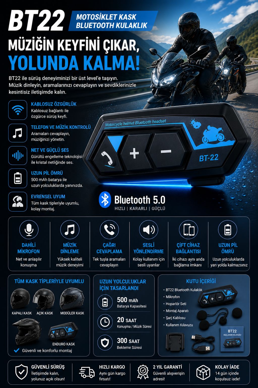 Motosiklet Kask Bluetooth Kulaklık Intercom Bluetooth 5.0 Kulaklık - Görsel 4