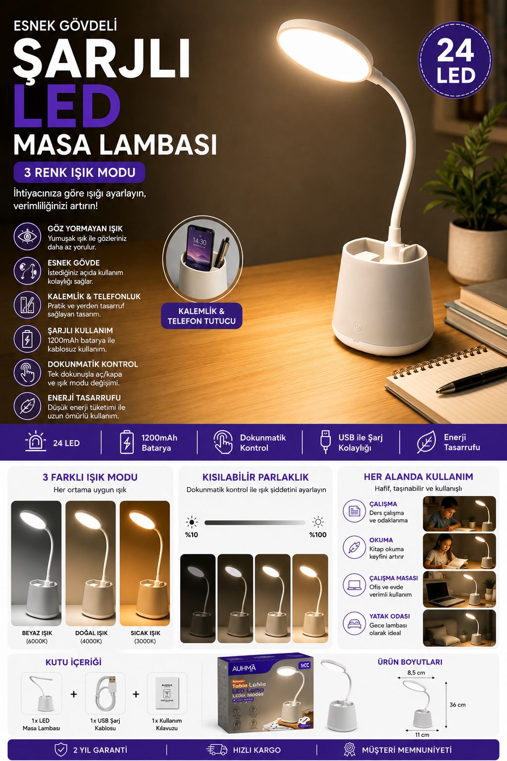 Şarjlı LED Masa Lambası Dokunmatik 3 Renk Modlu Kalemlikli Gece Lambası - Görsel 4