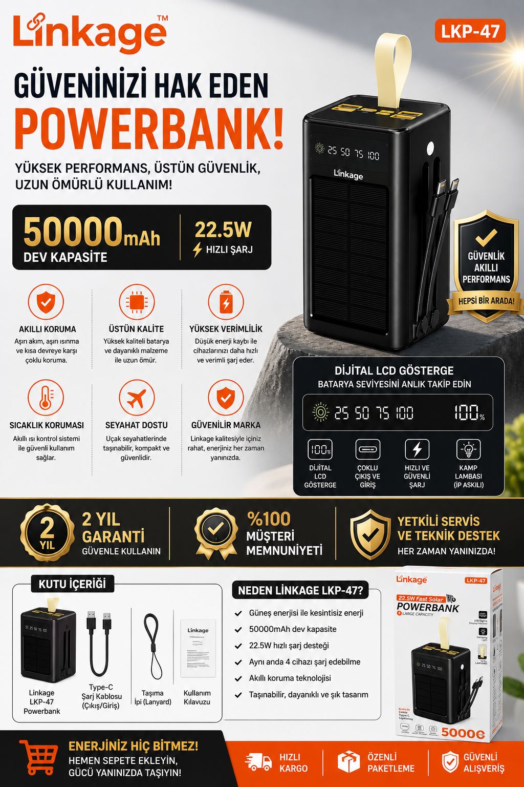 50.000mAh Güneş Enerjili Powerbank 22.5W Hızlı Şarj Dijital Göstergeli - Görsel 6