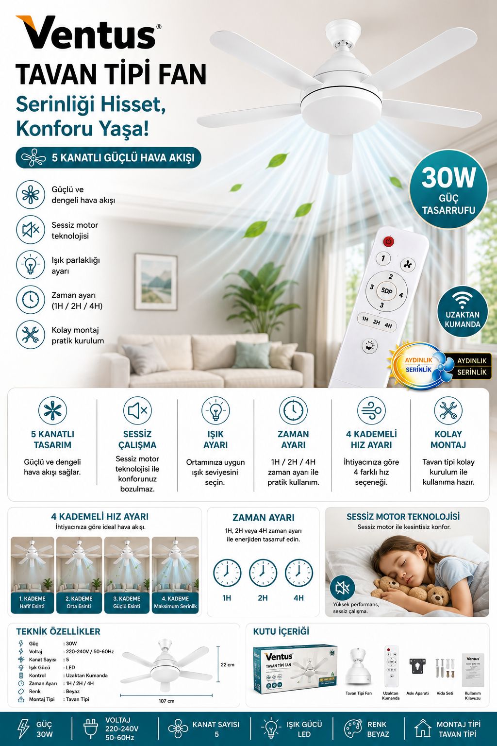Ventus Tavan Tipi Fan Uzaktan Kumandalı Sessiz LED Işıklı 5 Kanatlı Tavan Vantilatörü - Görsel 7