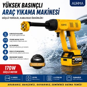 Auhma Şarjlı Kablosuz Basınçlı Araç Yıkama Makinesi 335 PSI 170W 5 Nozullu
