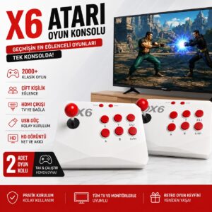 X6 Atari Oyun Konsolu 2000+ Oyunlu Çift Joystickli HDMI Retro Arcade Oyun Makinesi