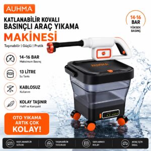 AUHMA Şarjlı Basınçlı Araç Yıkama Makinesi 13L Katlanabilir Kovalı 16 Bar Oto Yıkama Seti