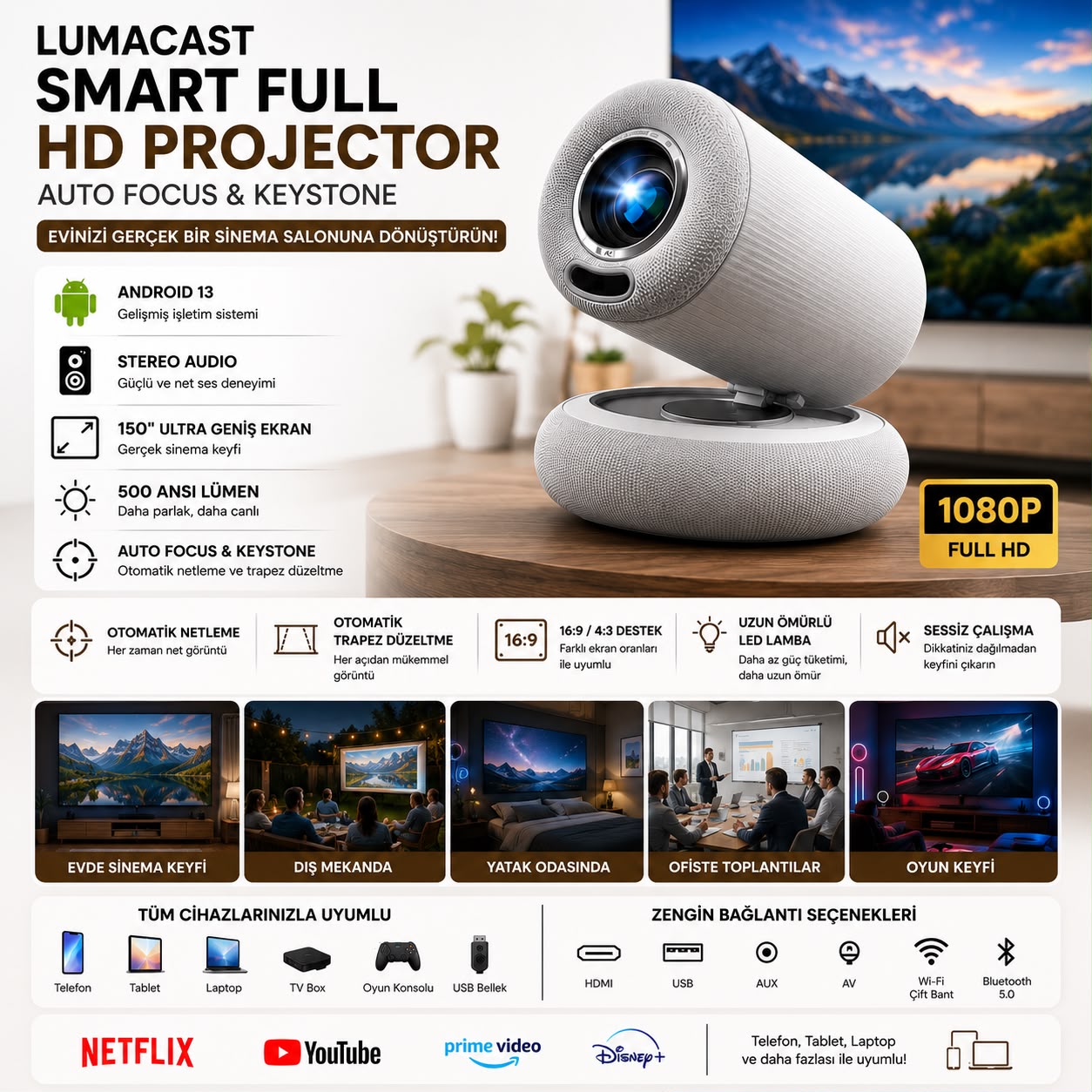 Lumacast Android 13 Akıllı Projeksiyon Cihazı 1080P Full HD 500 ANSI WiFi Otomatik Netleme - Görsel 3