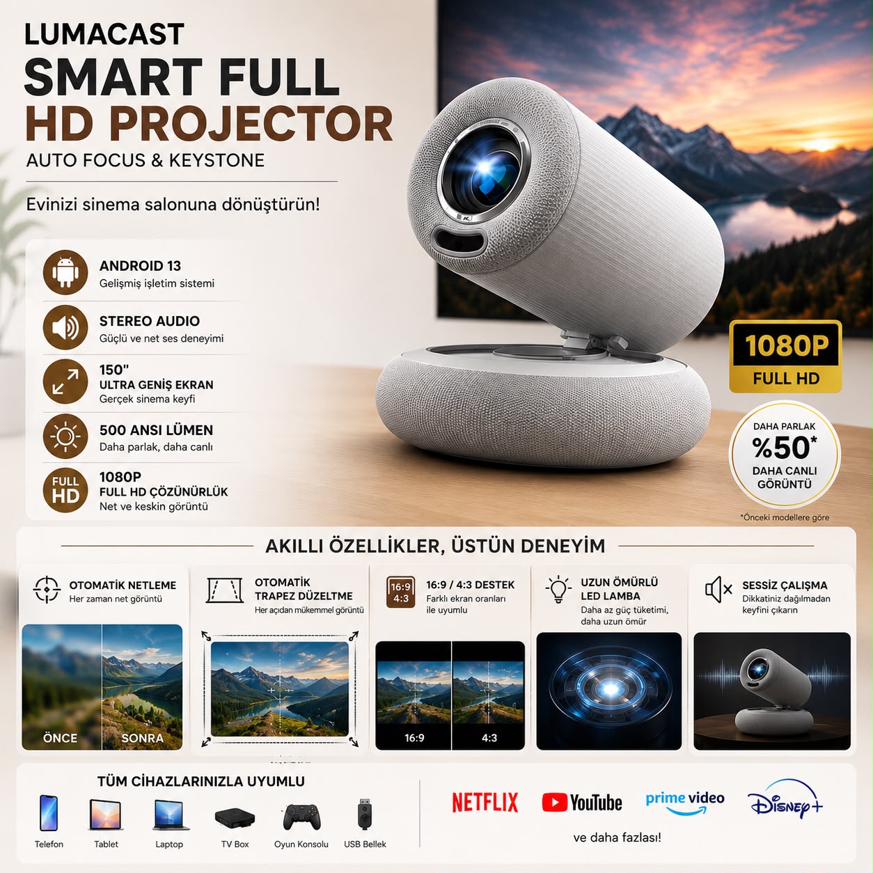 Lumacast Android 13 Akıllı Projeksiyon Cihazı 1080P Full HD 500 ANSI WiFi Otomatik Netleme - Görsel 5