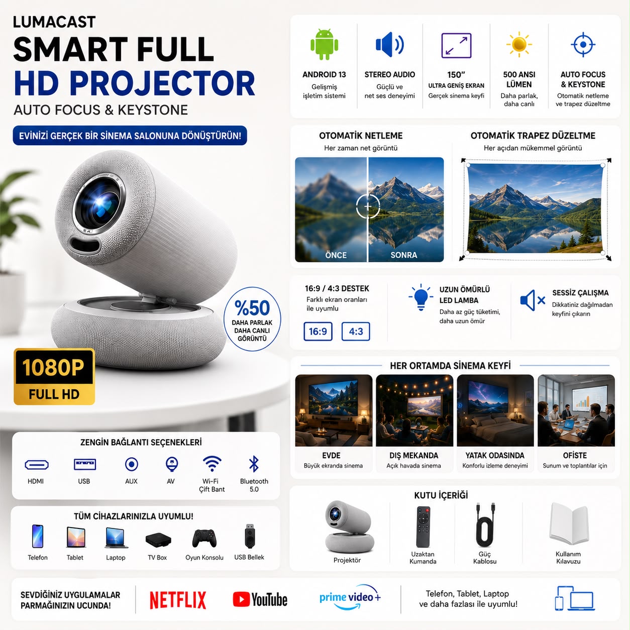 Lumacast Android 13 Akıllı Projeksiyon Cihazı 1080P Full HD 500 ANSI WiFi Otomatik Netleme - Görsel 6