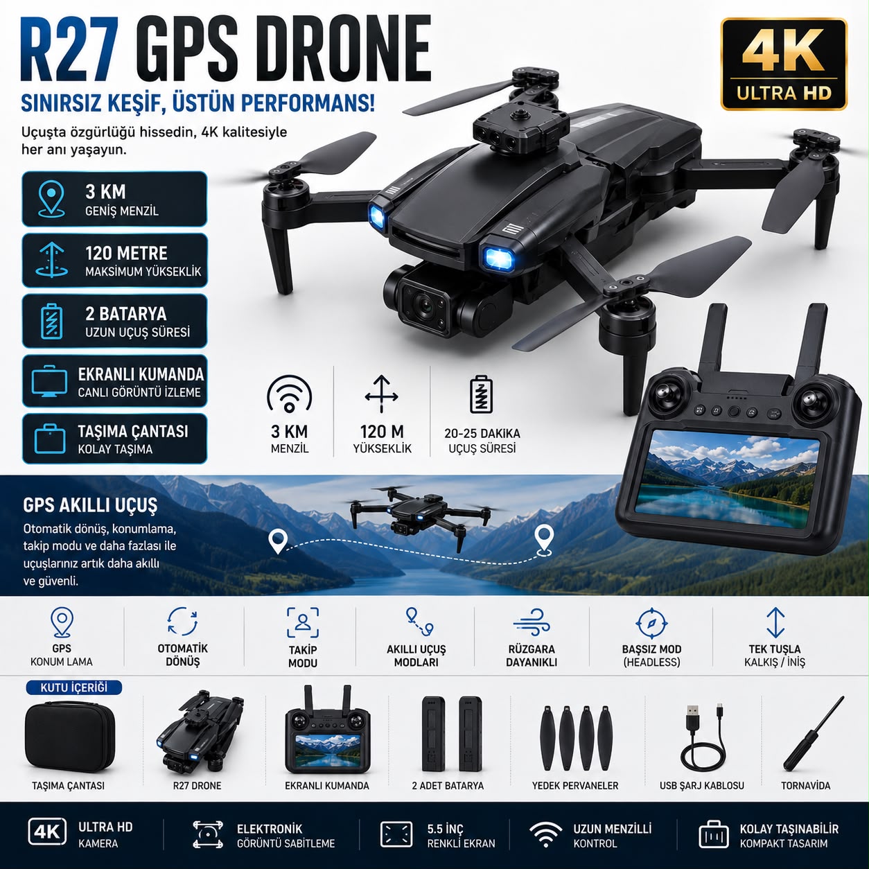 R27 GPS Drone 4K Kameralı 3 KM Menzilli Ekranlı Kumandalı 2 Bataryalı Çantalı - Görsel 2
