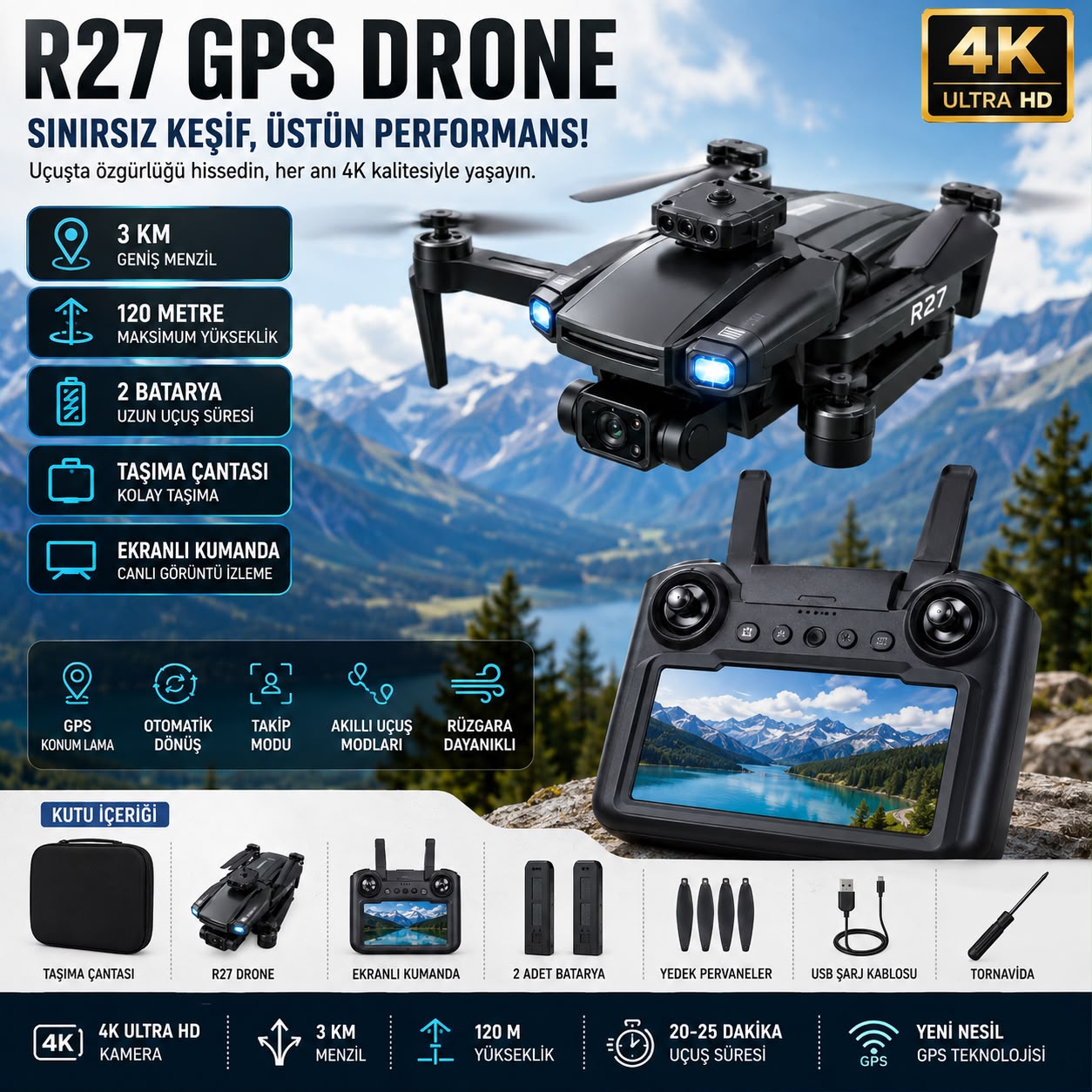 R27 GPS Drone 4K Kameralı 3 KM Menzilli Ekranlı Kumandalı 2 Bataryalı Çantalı - Görsel 4