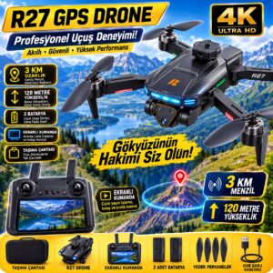 R27 GPS Drone 4K Kameralı 3 KM Menzilli Ekranlı Kumandalı 2 Bataryalı Çantalı
